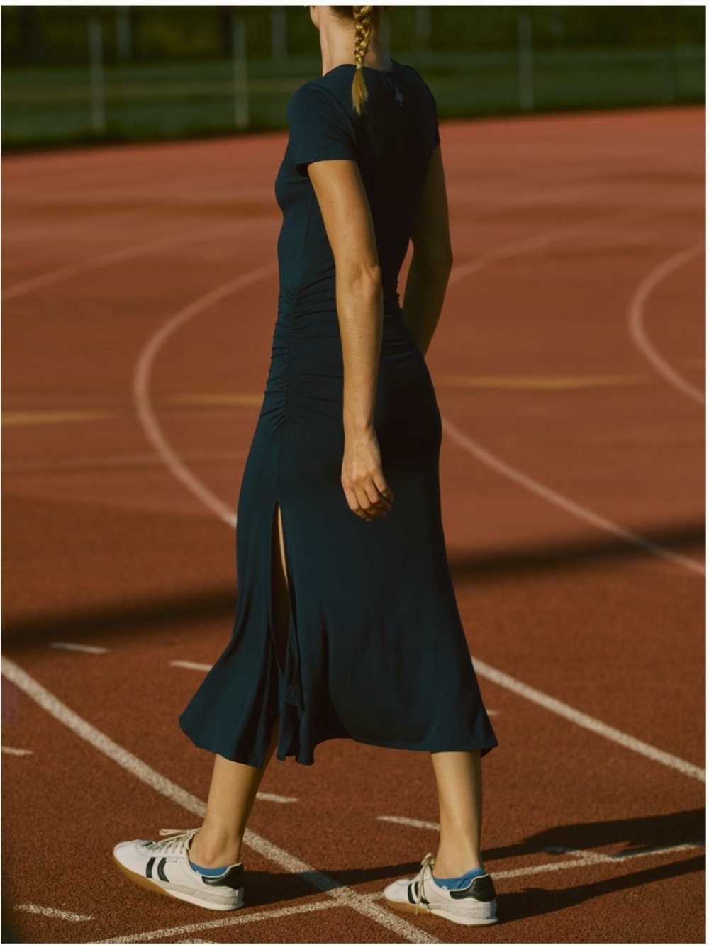 Anthropologie Dark Navy Short-Sleeve Midi Dress with Side Slit